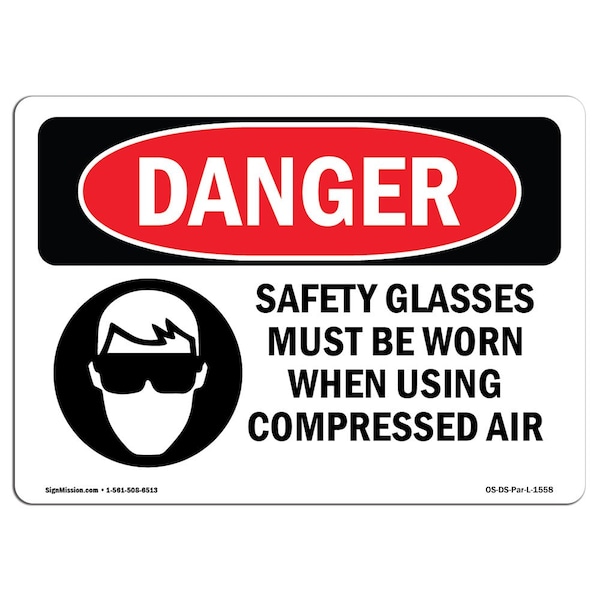 OSHA Sign, Glasses Must Worn Compressed Air, 5in X 3.5in Decal, 10PK, 5" W, 3.5" H, Landscape, PK10